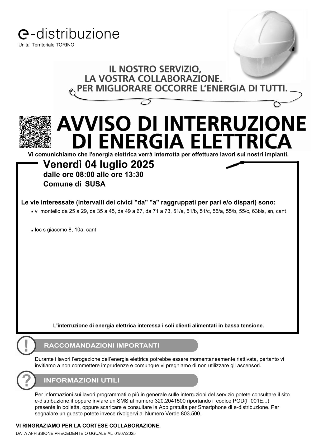 avviso di interruzione dell'energia elettrica 4 luglio 2025