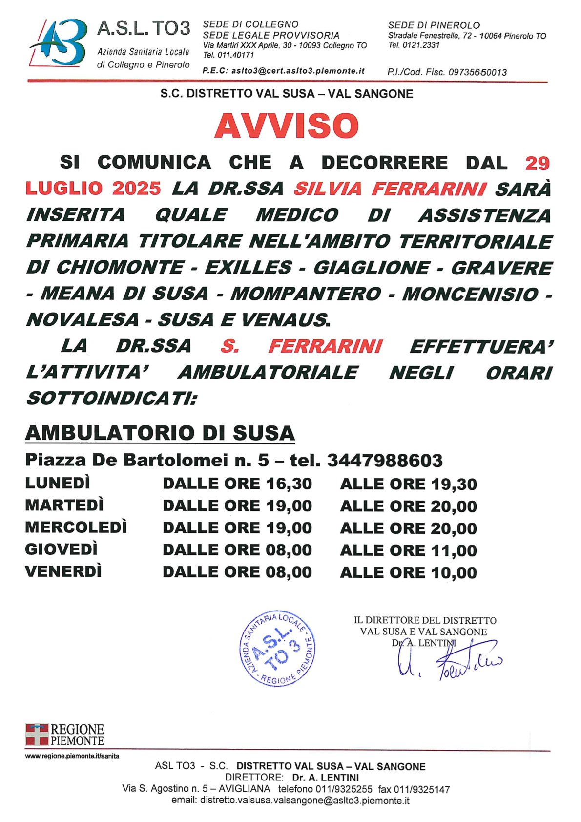 comunicazione orari ambulatorio Susa
