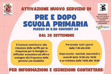 Si avvisano le famiglie dei genitori dei bambini frequentanti la scuola primaria che dal 28 settembre sarà attivato un nuovo servizio di pre e post scuola.
Di seguito orari:

Pre-scuola: tutti i giorni
dalle 7:30 alle 8:00

Dopo-scuola: martedì, mercoledì e
venerdì dalle 16:00 alle 18:00
o su richiesta dalle 14:00 alle 18:00

Per informazioni e iscrizioni contattare l'Associazione “Amici del Castello della Contessa Adelaide”:
tel. 3335214998
e-mail: castellodisusa@yahoo.it

Il Comune contribuira’ alla riduzione delle tariffe per la frequenza per le famiglie in difficolta’ economica ed offrira’ sostegno alla frequenza delle persone con disabilità

In fondo al presente avviso il link alla pagina per presentare l'istanza.

In caso di accoglimento e autorizzazione della riduzione tariffaria le tariffe applicate dal gestore saranno le seguenti:

Prescuola
ISEE fino a € 10.000,00 € 7,00
ISEE da € 10.000,00 a € 20.000,00 € 11,00
ISEE oltre € 20.000,00 e non residenti € 20,00

Doposcuola 2 ore
ISEE fino a € 10.000,00 € 10,50
ISEE da € 10.000,00 a € 20.000,00 € 16,50
ISEE oltre € 20.000,00 e non residenti € 30,00

Doposcuola 4 ore
ISEE fino a € 10.000,00 € 21,00
ISEE da € 10.000,00 a € 20.000,00 € 33,00
ISEE oltre € 20.000,00 e non residenti € 60,00
Per secondo figlio e successivi dei residenti si applicherà uno sconto del 20% sulla tariffa piena