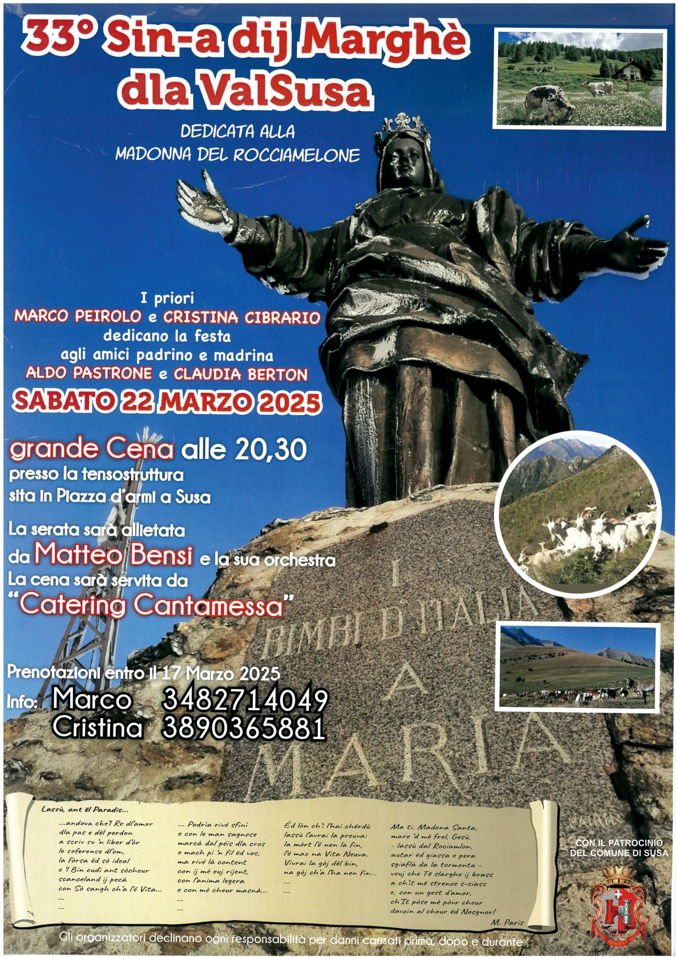 33° Sin-a dij Marghè dla ValSusa - 33a Cena dei Margari della Valsusa. Sabato 22 marzo 2025 alle 20.30 presso Piazza d'Armi a Susa