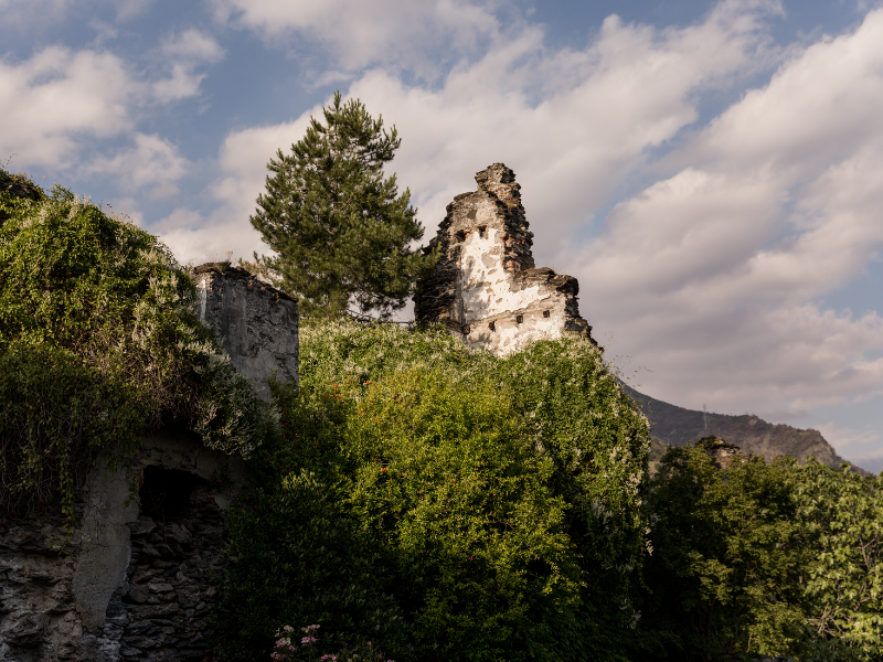 rappresentazione dei resti della fortezza. Le mura restanti si trovano nella vegetazione. 